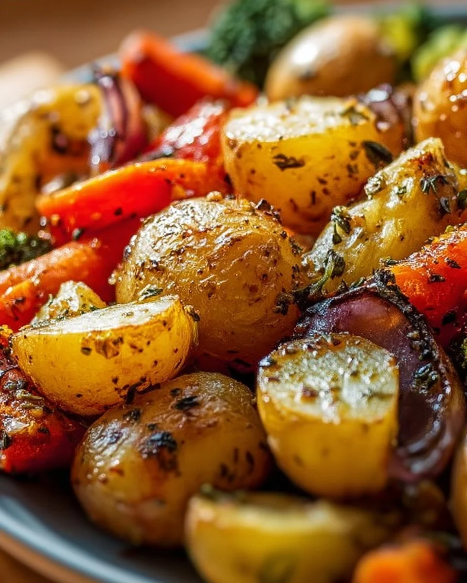 Delicious garlic herb roasted potatoes and assorted veggies on a platter