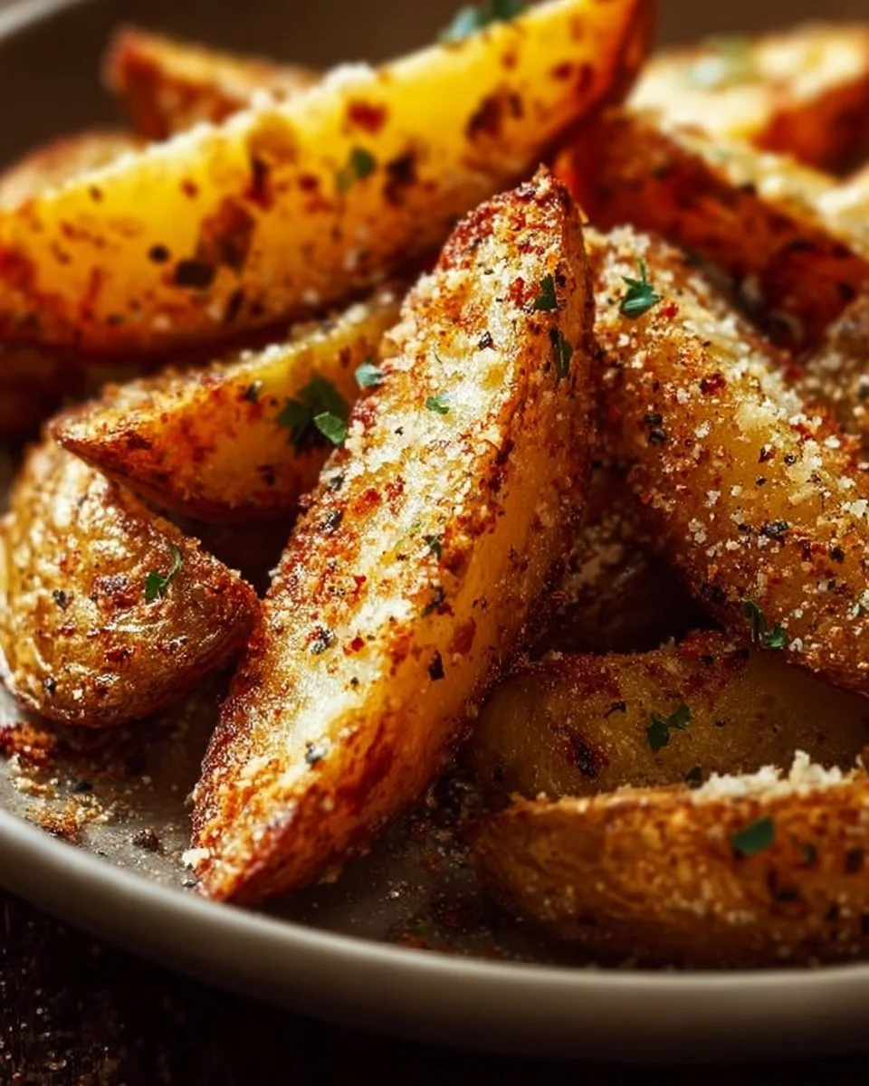 Crispy Garlic Parmesan Potato Wedges on a plate, garnished with fresh herbs.