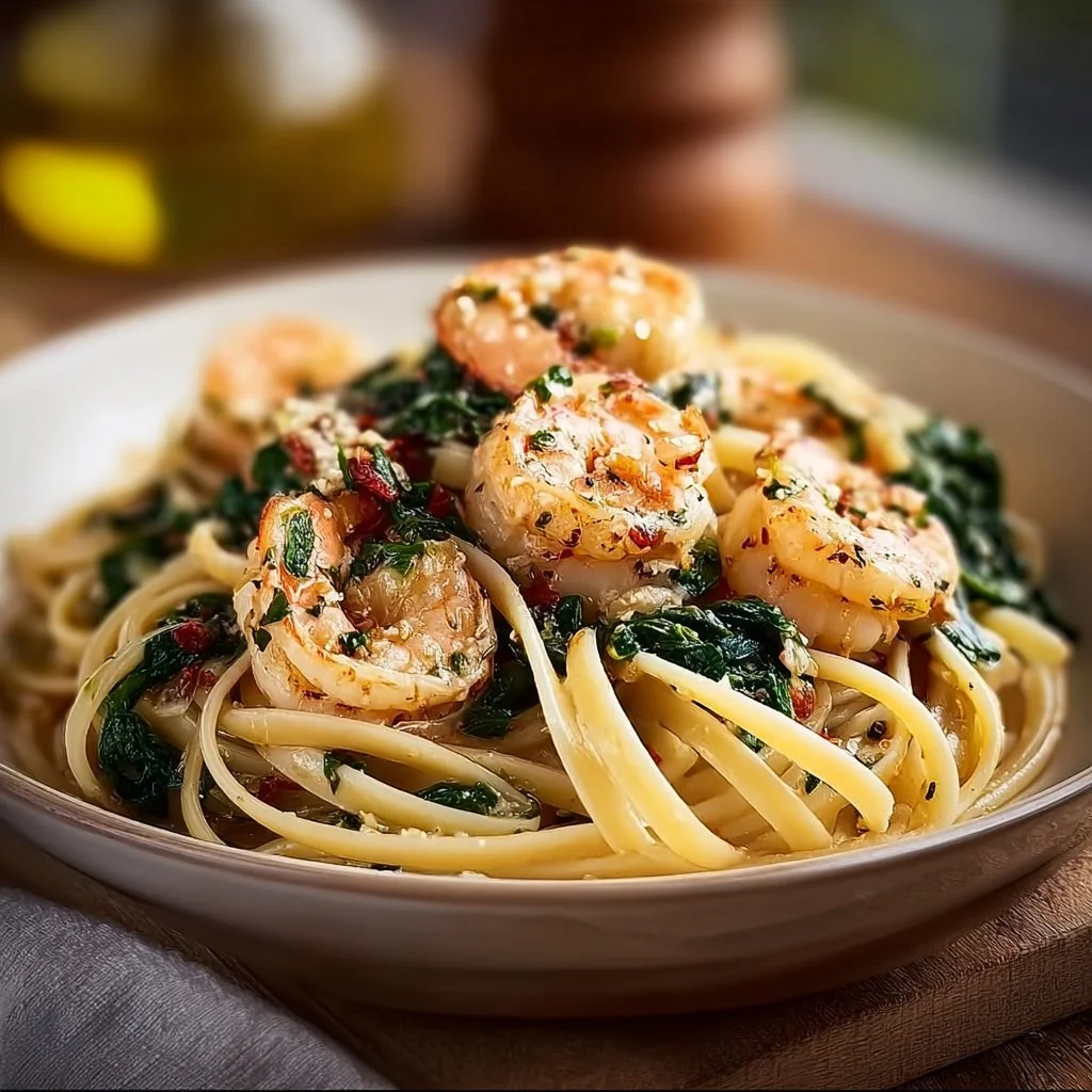 Delicious Garlic Shrimp and Spinach Linguine garnished with herbs