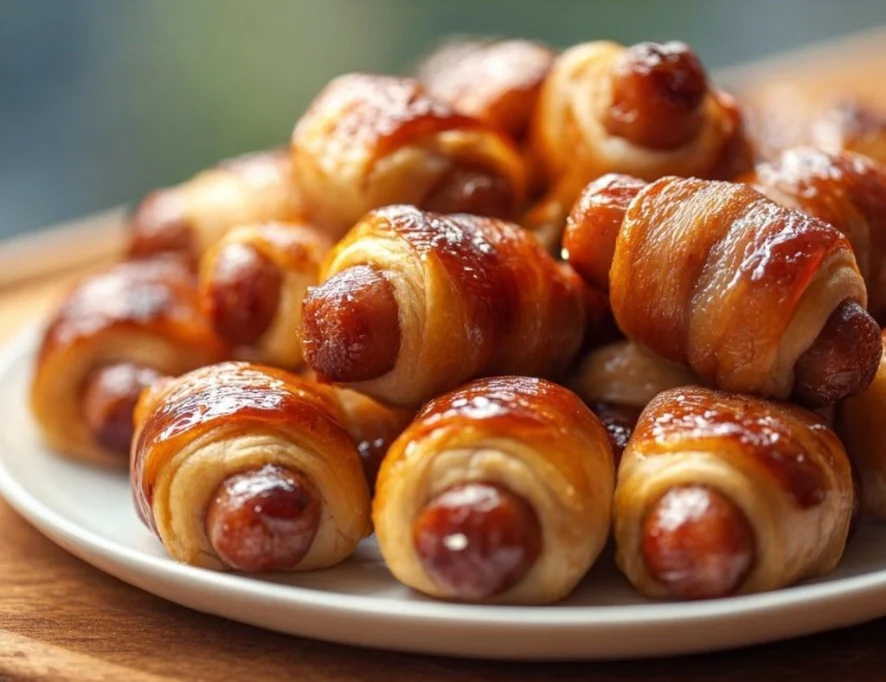 Delicious glazed pigs in a blanket appetizer served on a platter