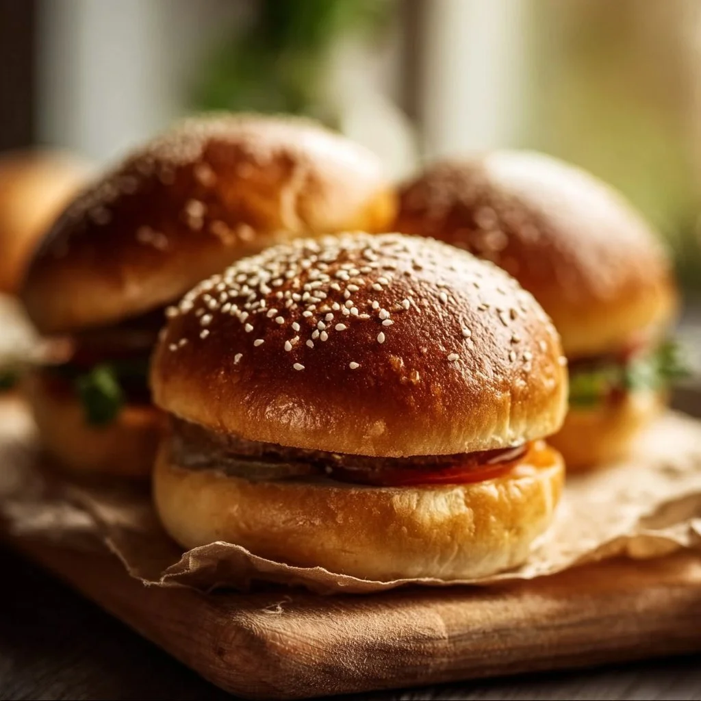 Gluten-free brioche burger buns stacked for a tasty meal