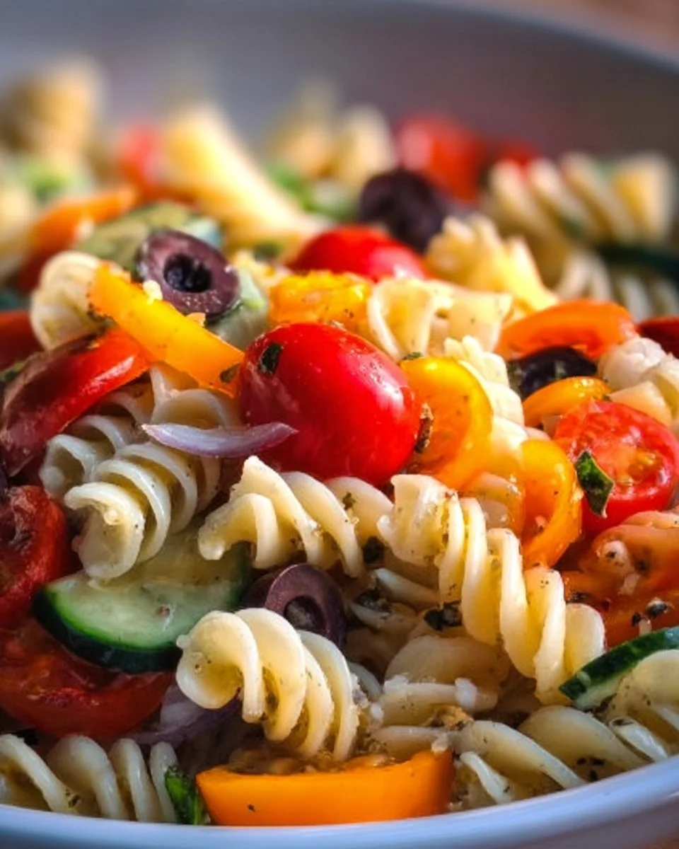 Gluten-Free Cold Italian Pasta Salad with vibrant vegetables and dressing