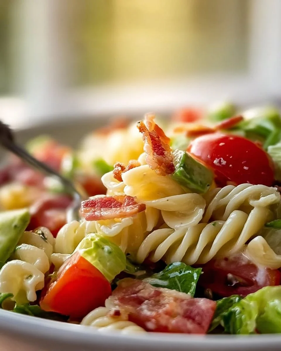 Gluten-Free Dairy-Free BLT Pasta Salad with fresh ingredients in a bowl
