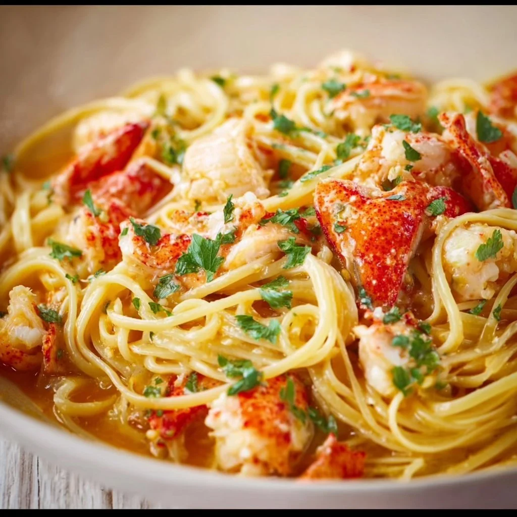 Gordon Ramsay's lobster pasta dish with rich sauce and fresh lobster