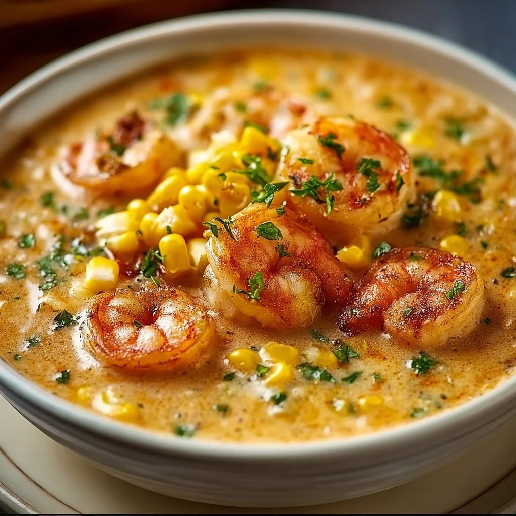 Bowl of gourmet New Orleans shrimp and corn bisque garnished with herbs