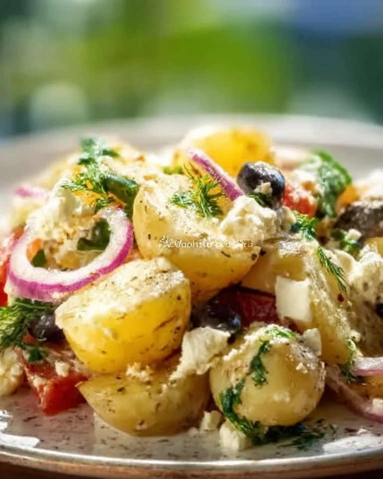 Delicious Greek Potato Salad with fresh ingredients and olives served in a bowl