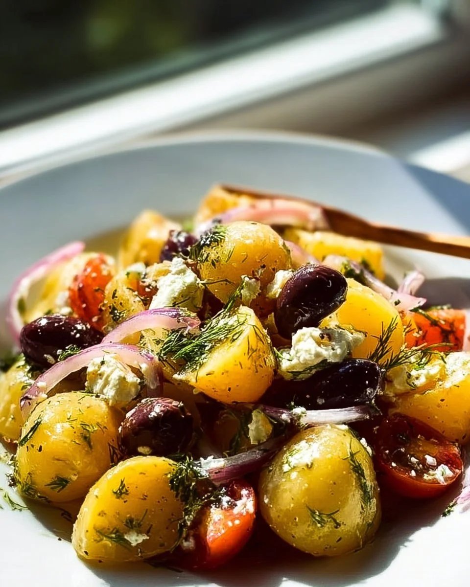 Bowl of Greek potato salad with olives, feta, and fresh vegetables