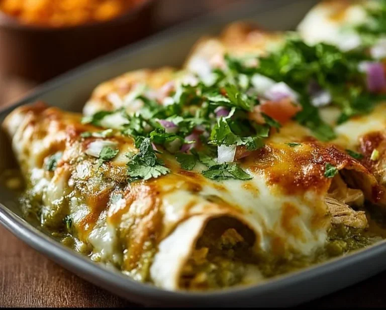 Delicious Green Chicken Enchiladas topped with green sauce and cheese.