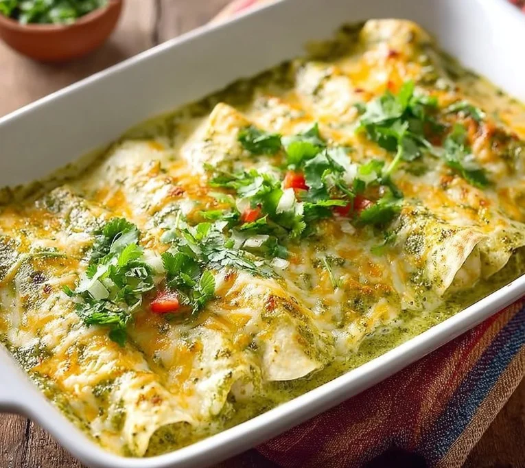 Plate of green enchiladas with chicken topped with cheese and sauce