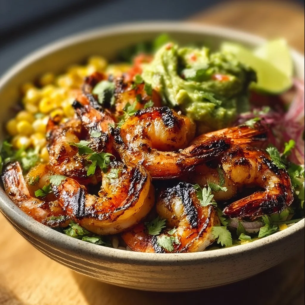 Delicious grilled shrimp bowl with fresh vegetables and flavorful seasoning