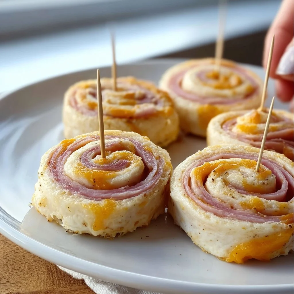 Delicious ham and cheese pinwheels sliced and served on a plate