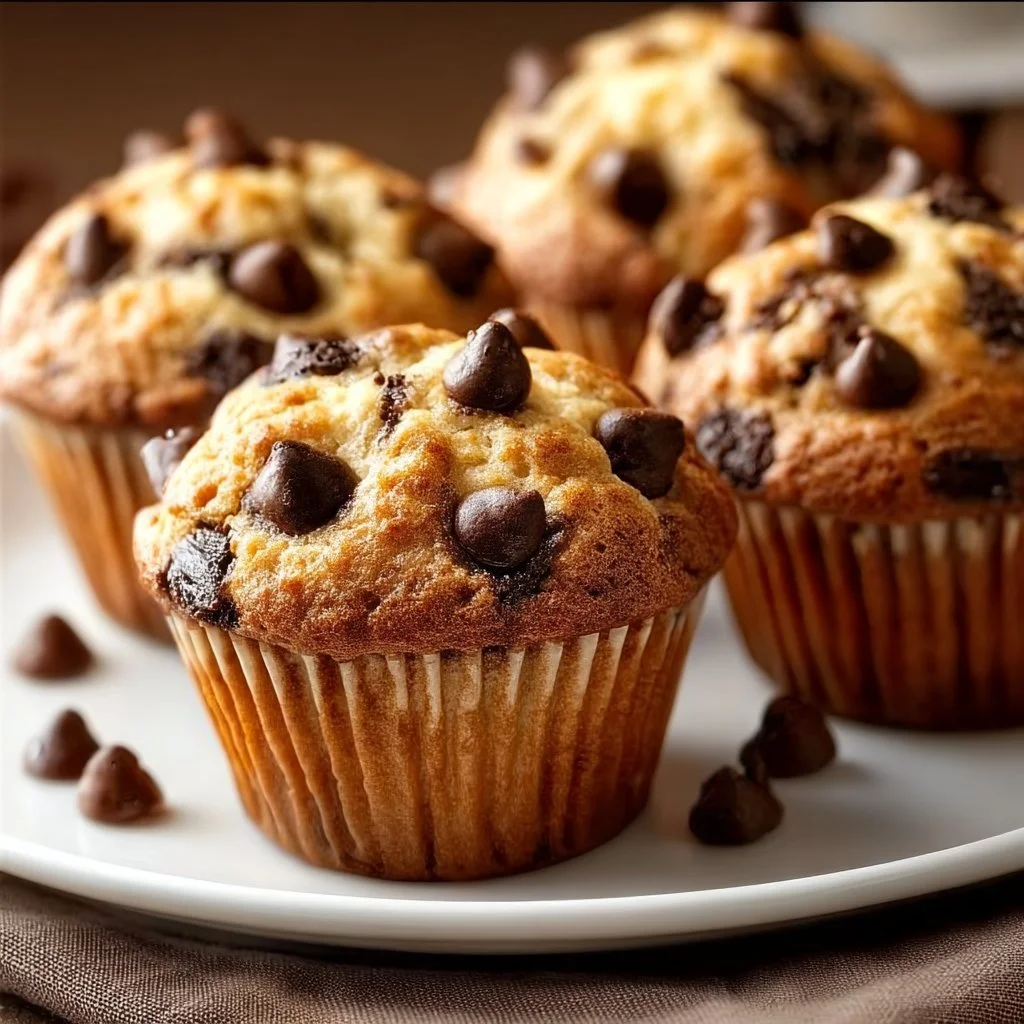 Healthy Greek yogurt chocolate chip muffins fresh out of the oven.