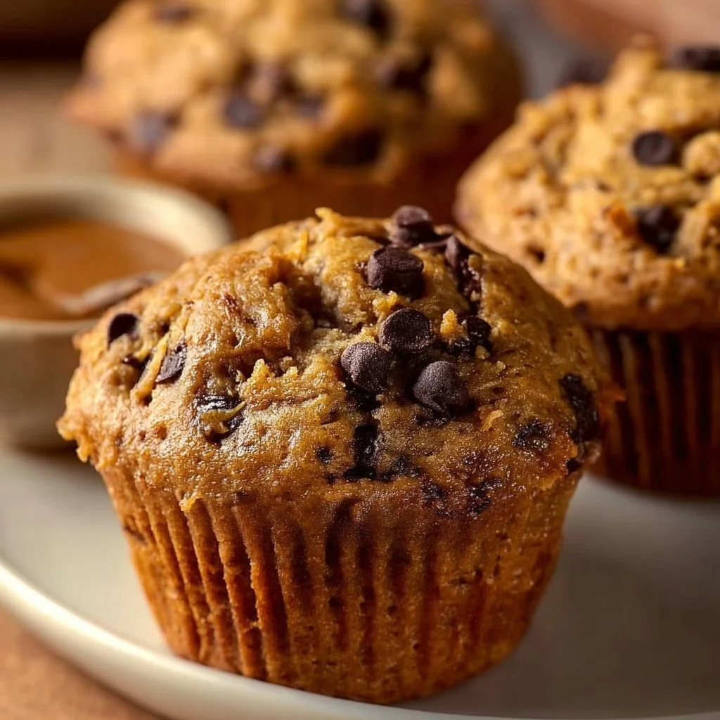 Healthy homemade peanut butter banana muffins on a wooden table