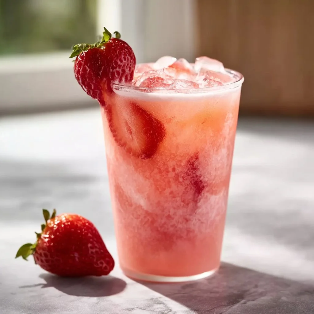 Healthy Pink Drink Strawberry Refresher with fresh strawberries and coconut milk