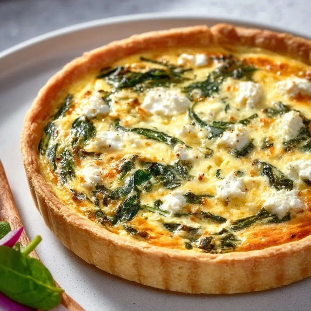 Healthy spinach feta quiche with fresh spinach and creamy feta cheese