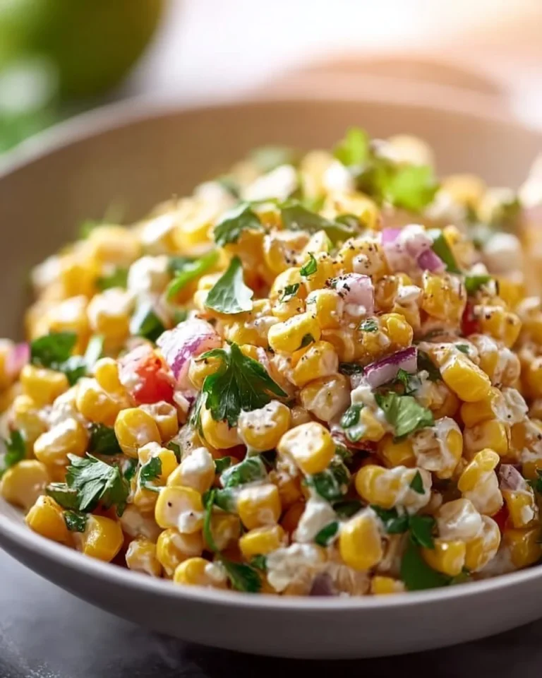 Healthy street corn salad featuring corn, Greek yogurt, and fresh veggies.