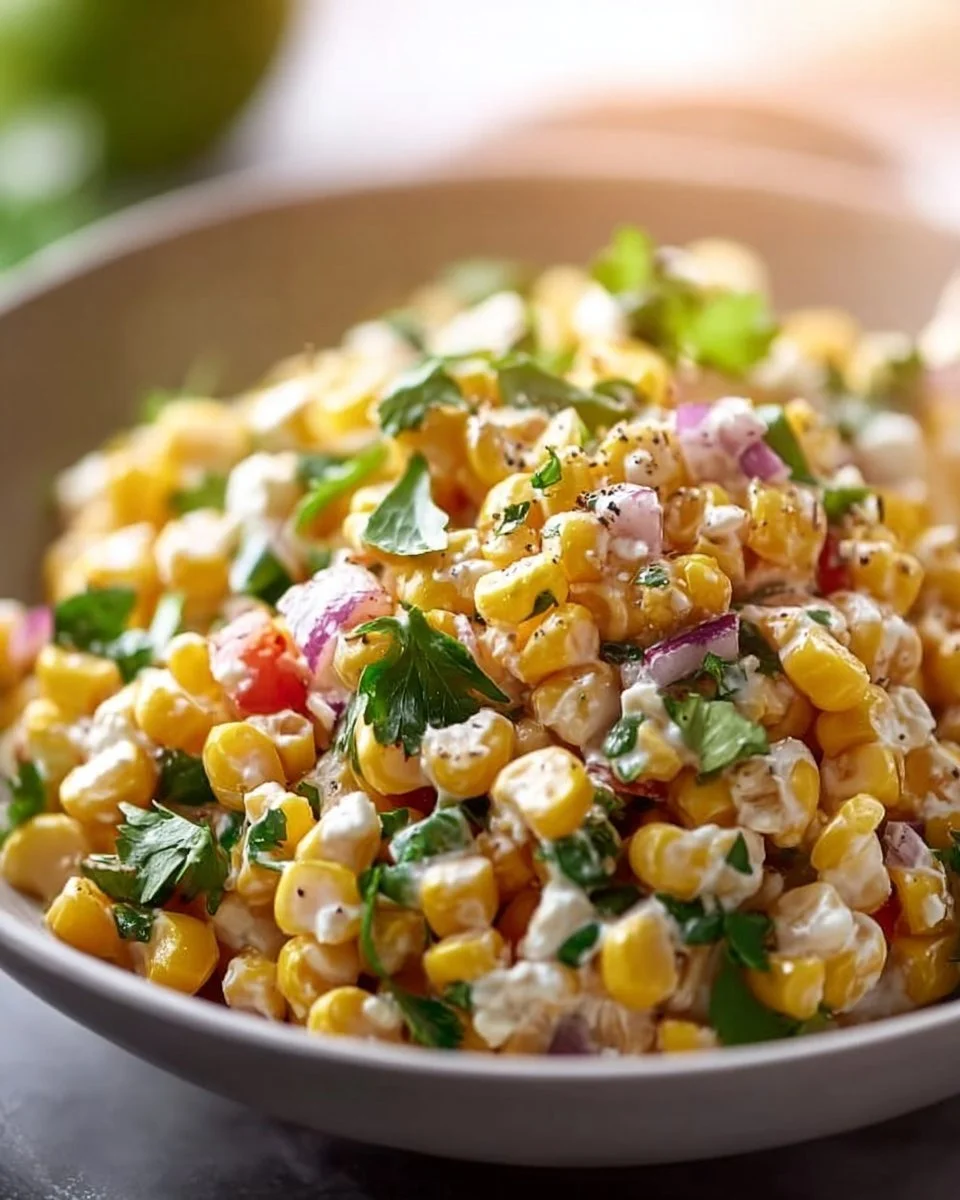 Healthy street corn salad featuring corn, Greek yogurt, and fresh veggies.