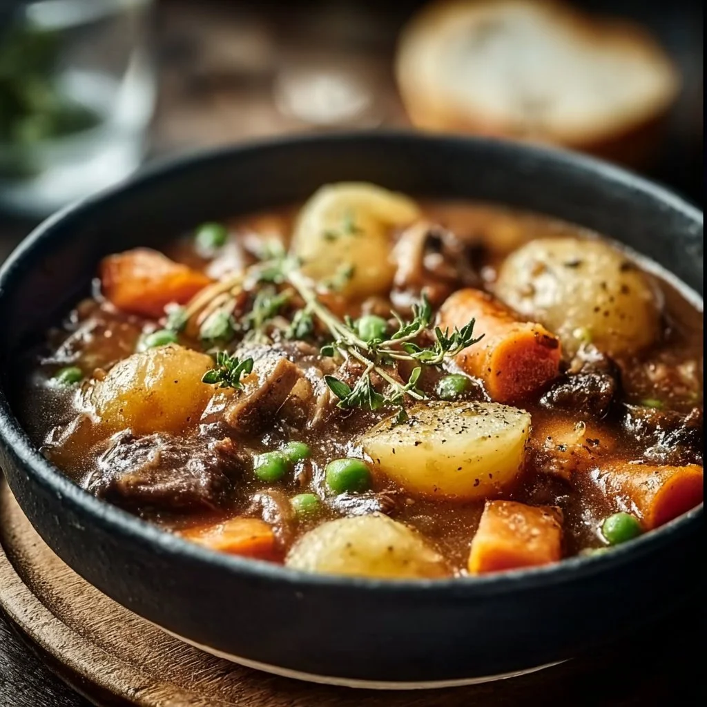 Bowl of hearty Irish vegetarian stew filled with vegetables and herbs.