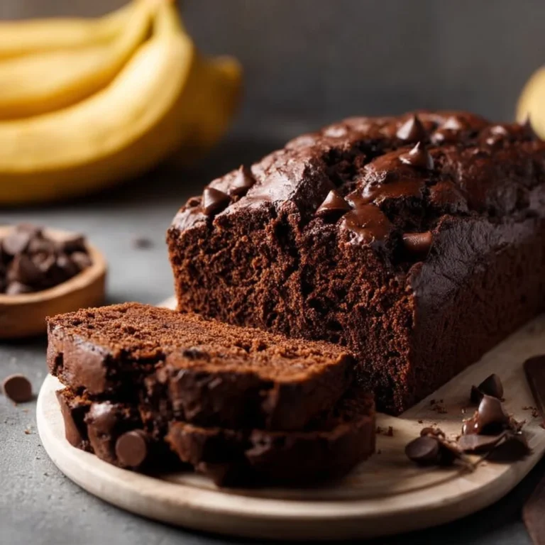 Delicious high protein chocolate banana bread slice on a wooden table