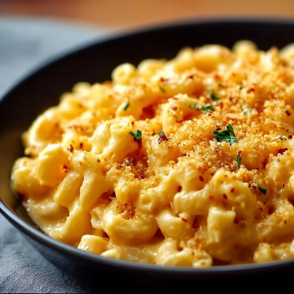High protein mac and cheese dish with cheese and pasta