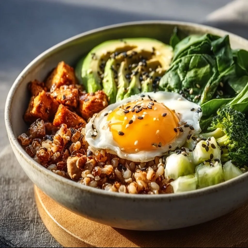 High protein power bowl filled with colorful vegetables and protein-rich ingredients.