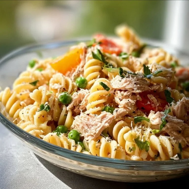 High protein tuna pasta salad with vegetables and dressing