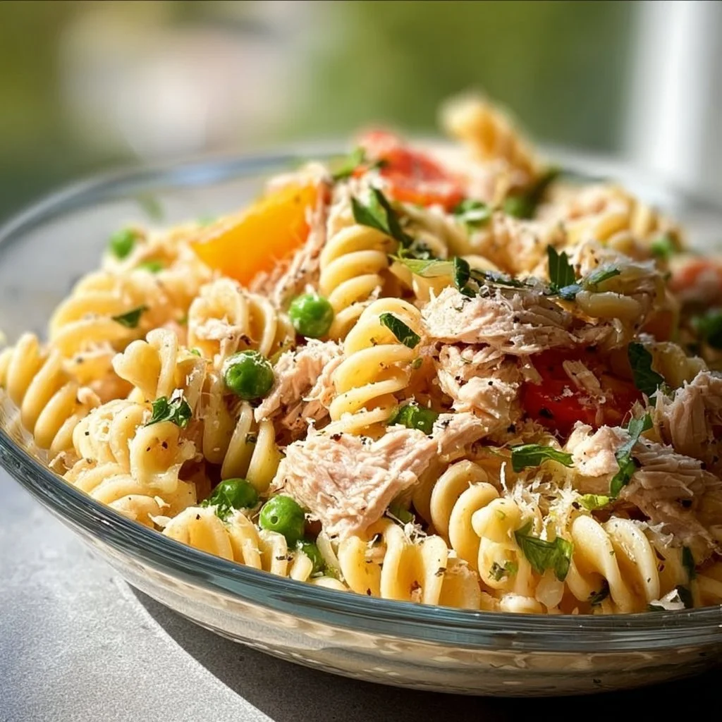 High protein tuna pasta salad with vegetables and dressing