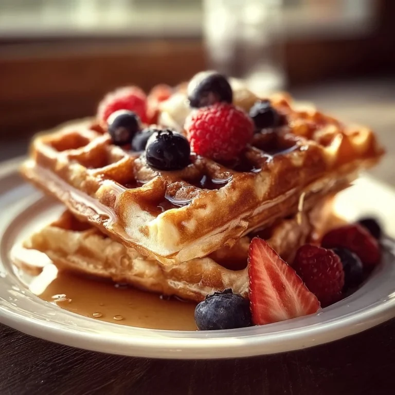 Delicious high protein waffles stacked with fresh berries