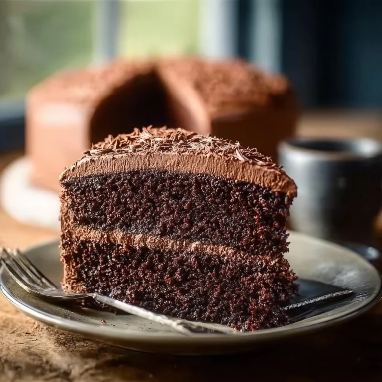 Homemade chocolate cake topped with creamy chocolate frosting