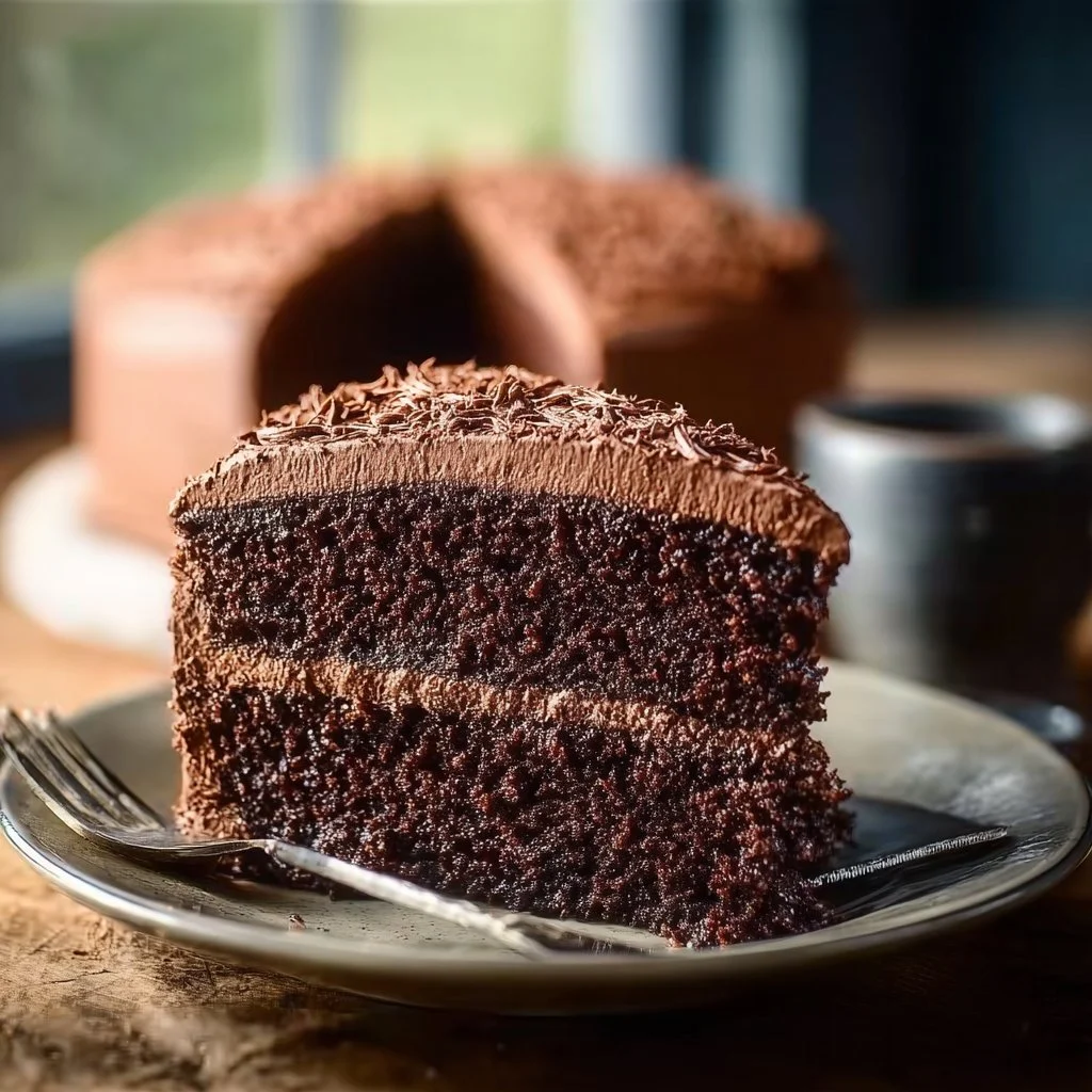 Homemade chocolate cake topped with creamy chocolate frosting