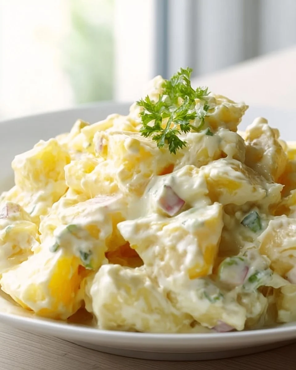 Bowl of homemade potato salad with fresh herbs and vegetables