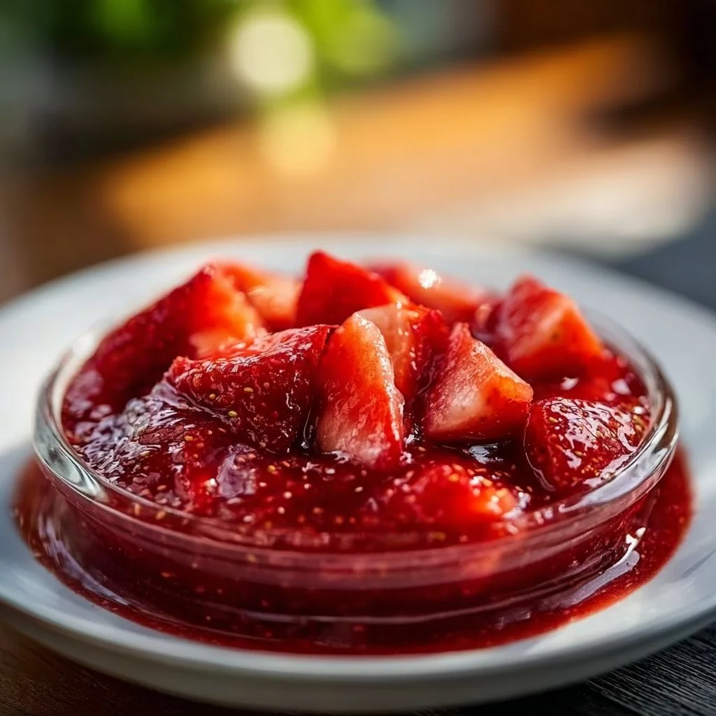 Homemade strawberry sauce drizzled over pancakes and desserts
