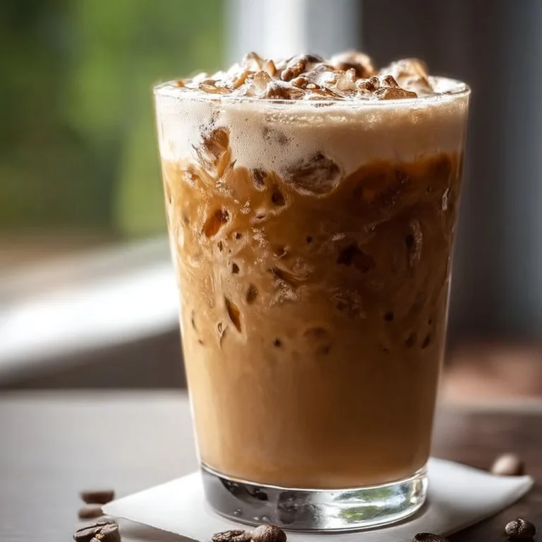 Iced Brown Sugar Oat Milk Shaken Espresso in a glass with ice and coffee beans