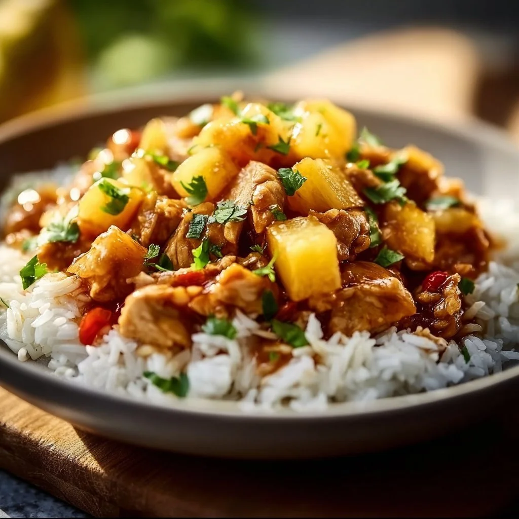 Delicious Instant Pot Pineapple Chicken and Rice served in a bowl.