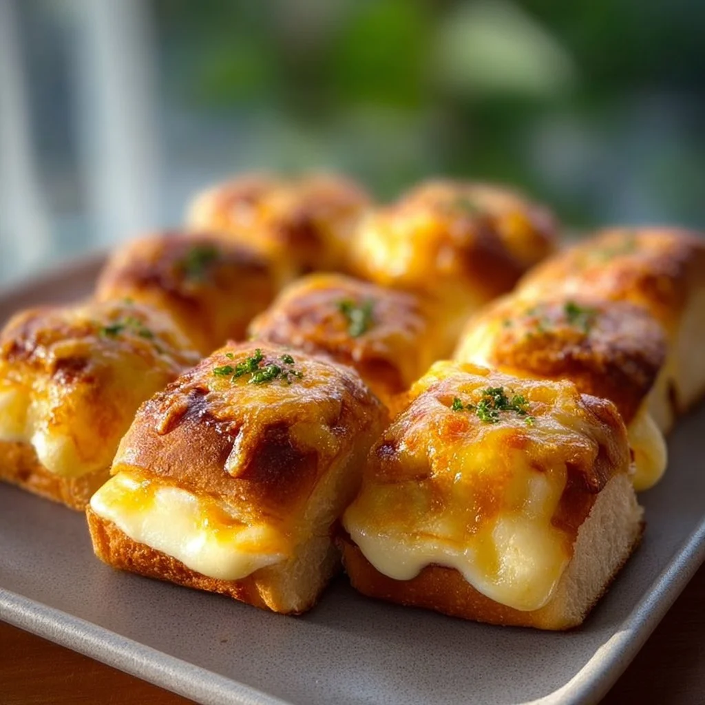 Mini grilled cheese Hawaiian rolls with gooey cheese on a platter