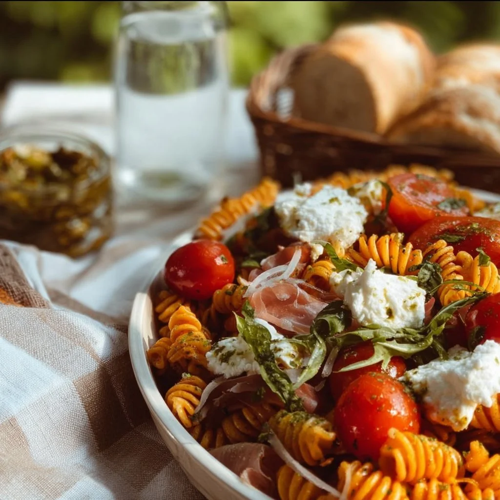 A beautifully arranged Italian picnic spread with delicious food and charming scenery.