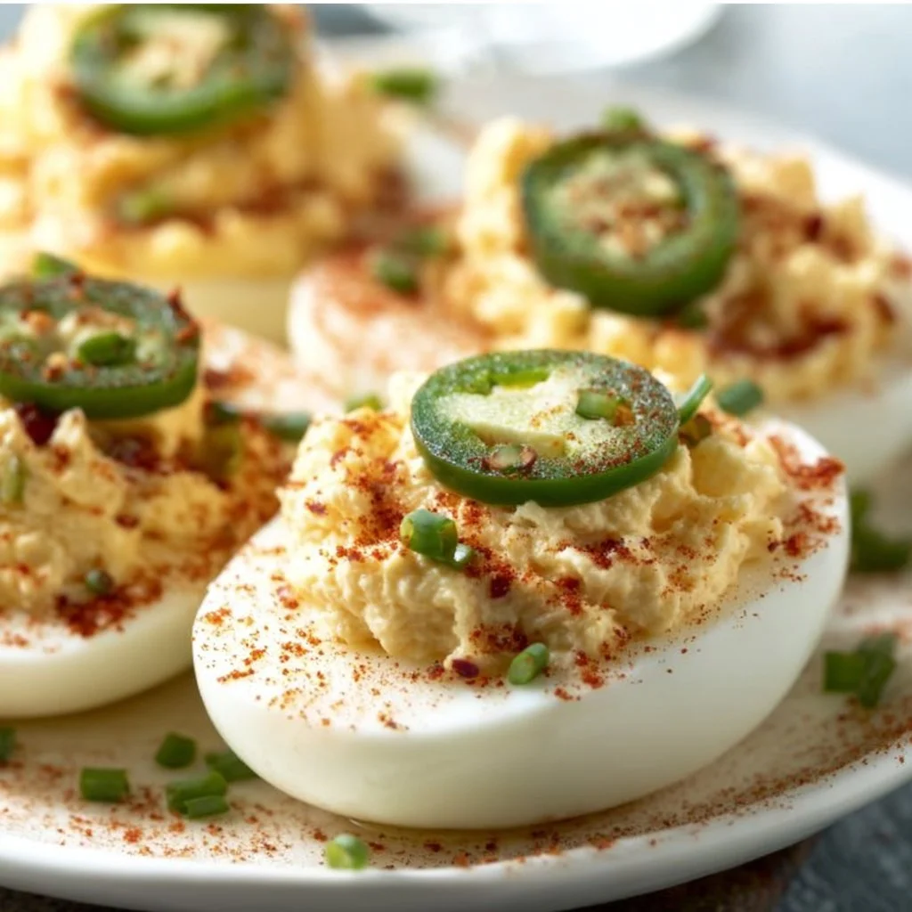 Delicious jalapeño popper deviled eggs garnished with jalapeño slices.