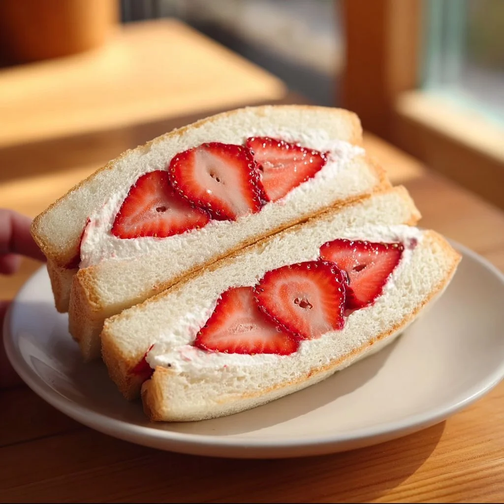 Delicious Japanese strawberry sandwich featuring fresh strawberries and whipped cream