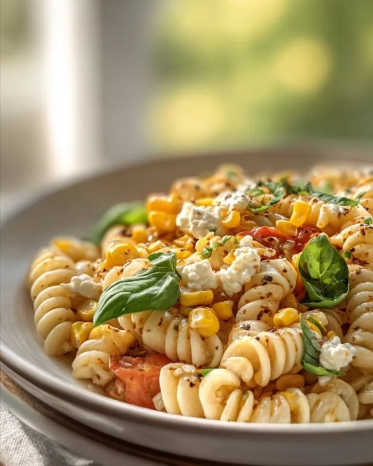 Delicious Juicy Street Corn Pasta Salad in a bowl, garnished with fresh herbs.