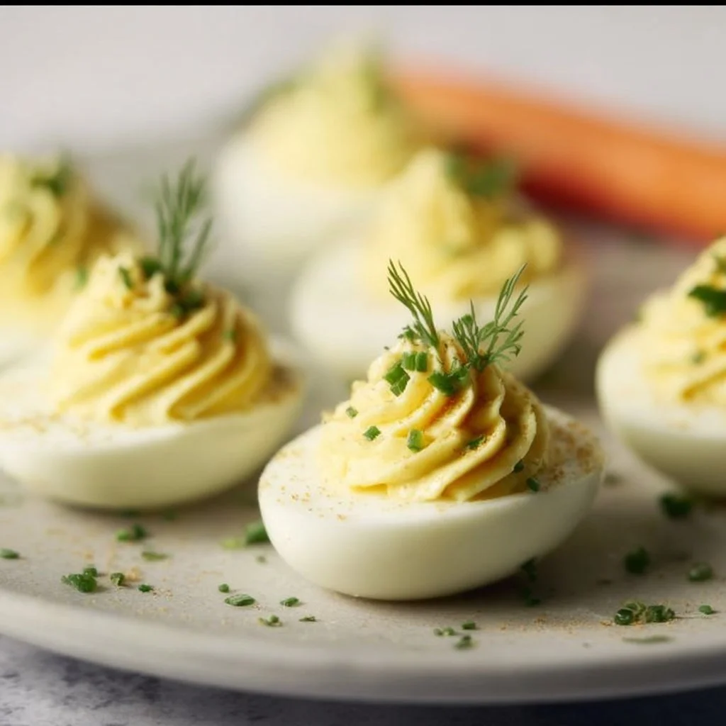 Delicious Keto Deviled Eggs garnished and ready to serve