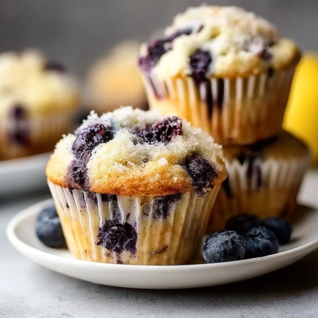 Lemon blueberry muffins fresh out of the oven, topped with sugar glaze.
