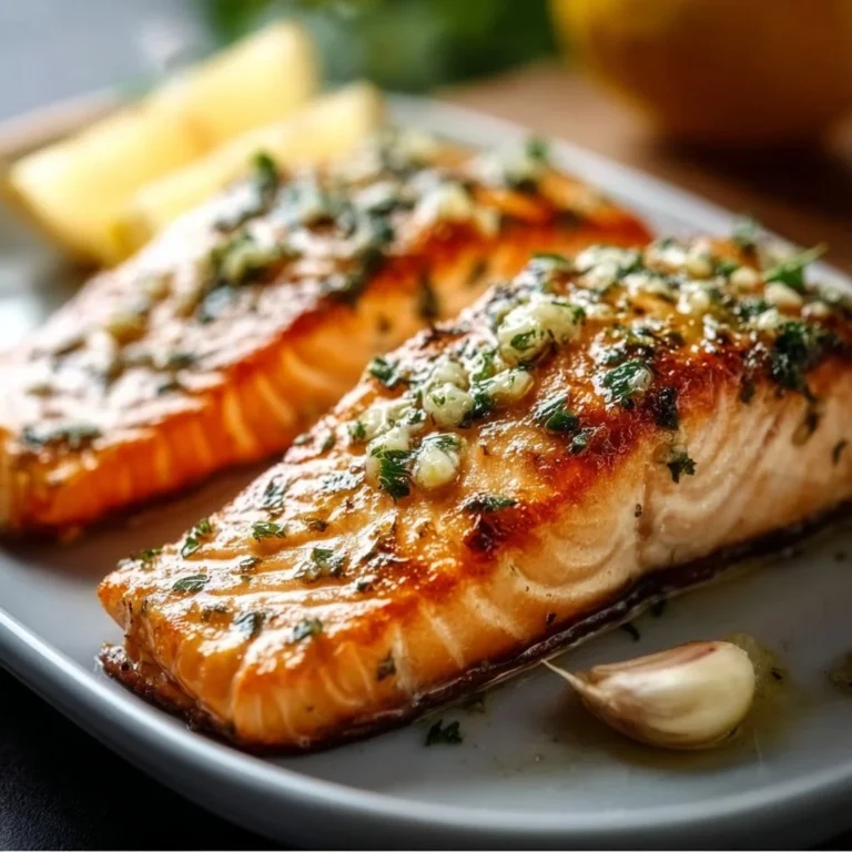 Lemon Garlic Butter Salmon served with fresh herbs and lemon wedges