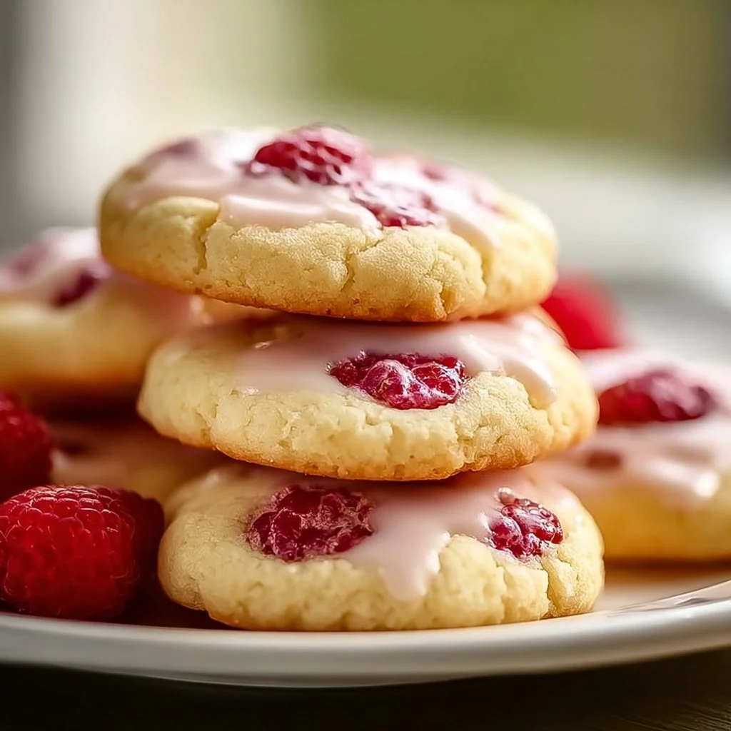 Freshly baked lemon raspberry cookies on a cooling rack