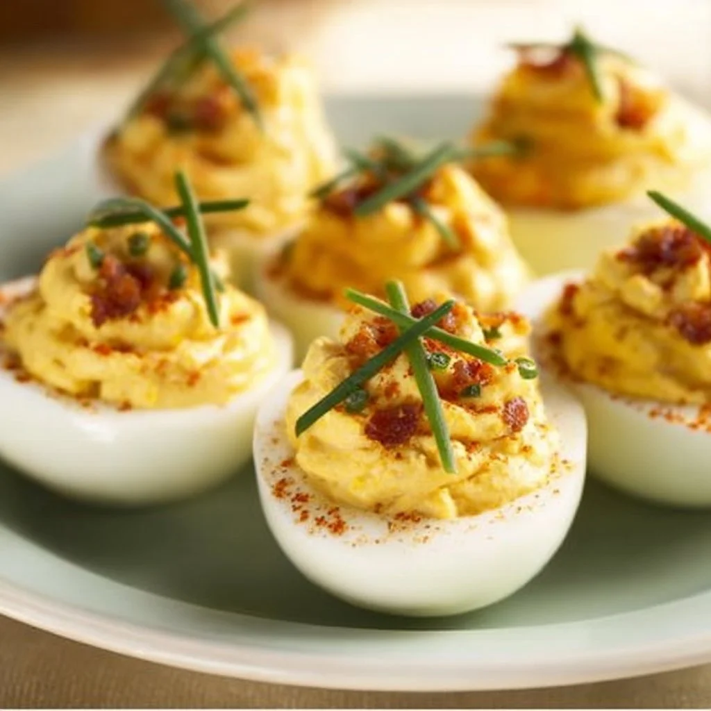 Loaded deviled eggs garnished with toppings for an elevated appetizer dish