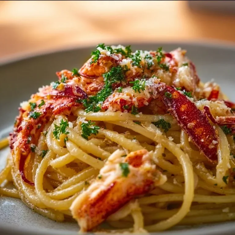 Plate of Lobster Bucatini pasta with fresh lobster and herbs