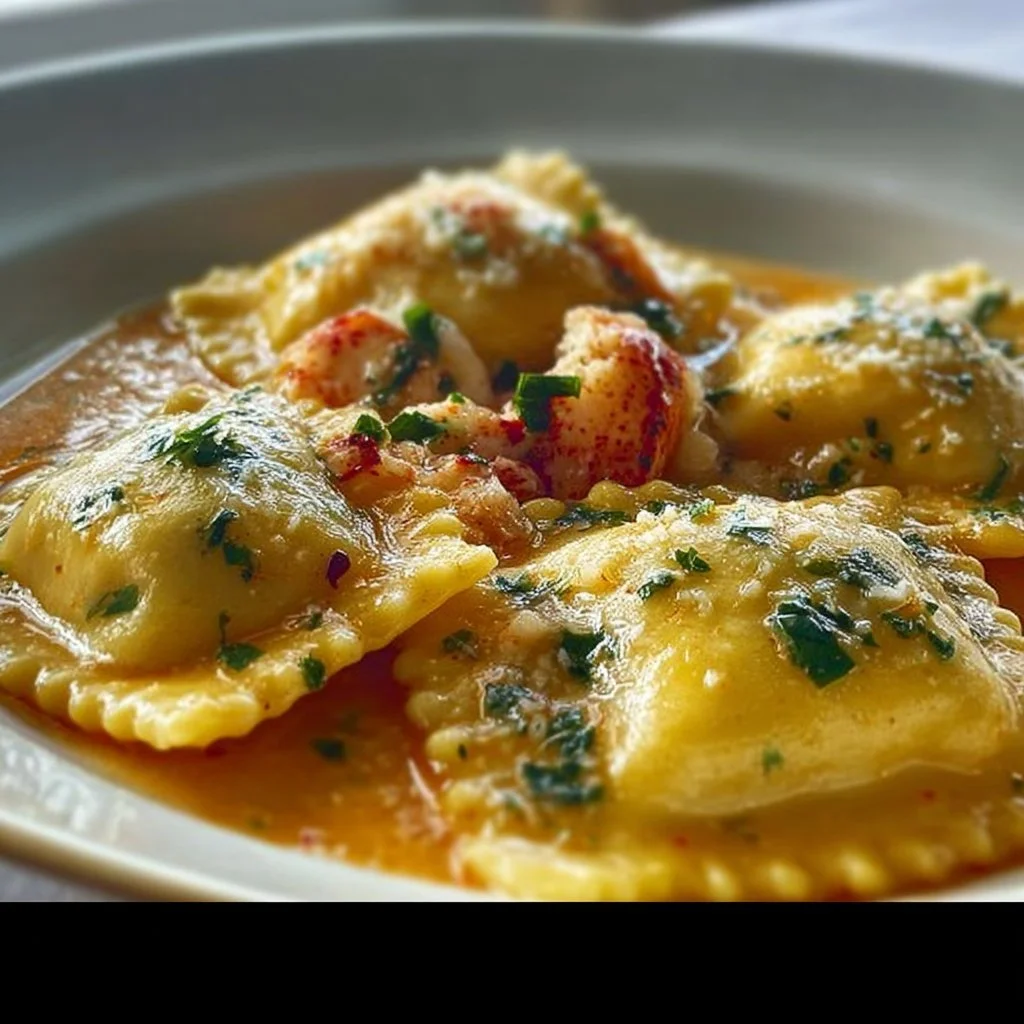 Plate of delicious lobster ravioli garnished with herbs and sauce