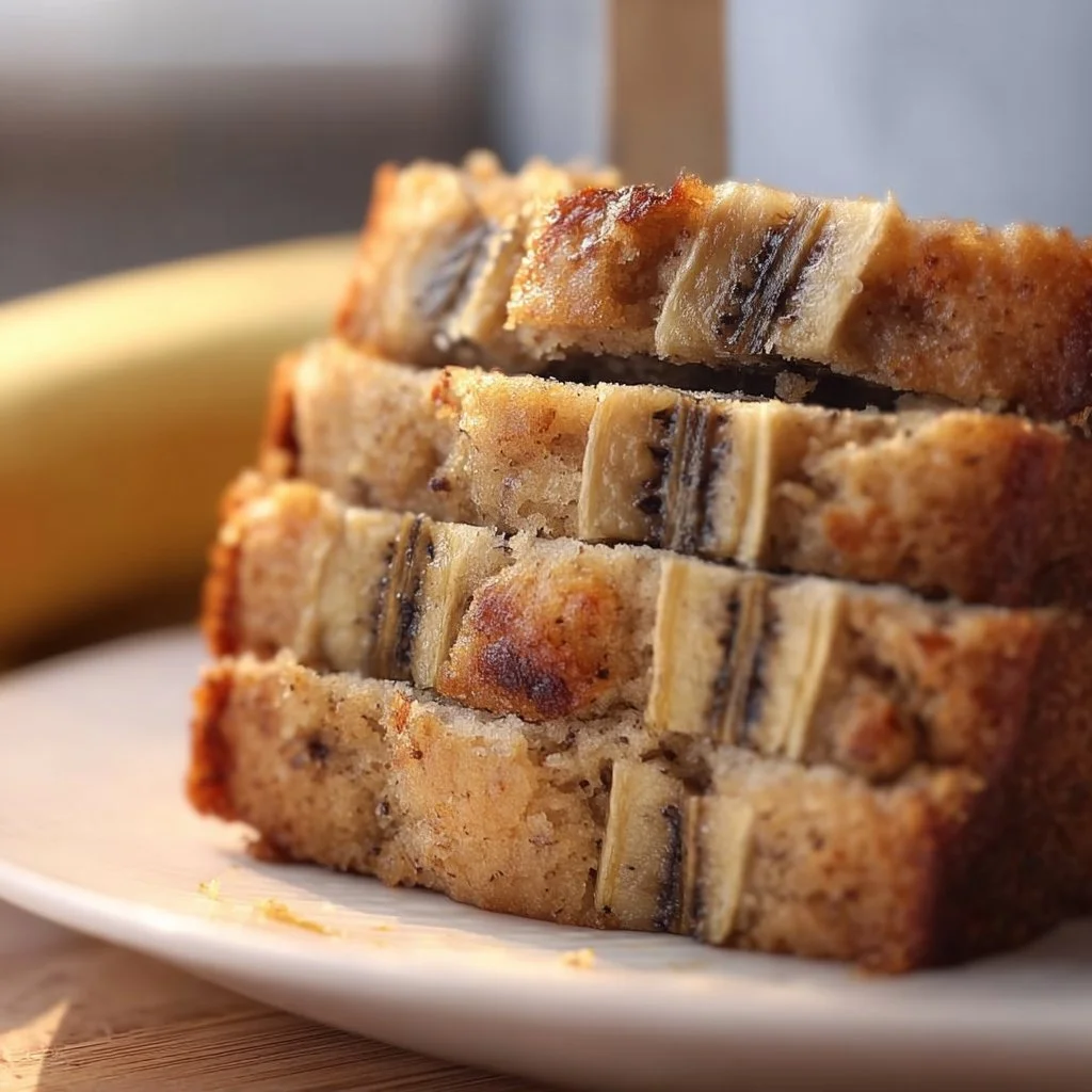 Slices of low calorie banana bread on a wooden board