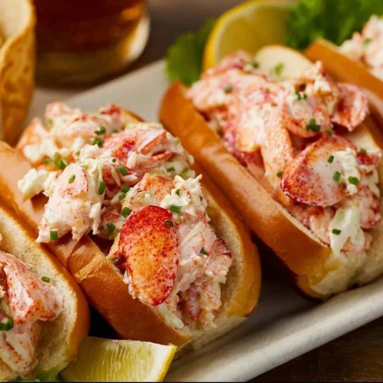Delicious Maine lobster rolls filled with fresh lobster meat in a buttered bun
