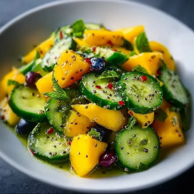 Mango cucumber salad with diced mango, cucumber, and fresh herbs in a bowl.