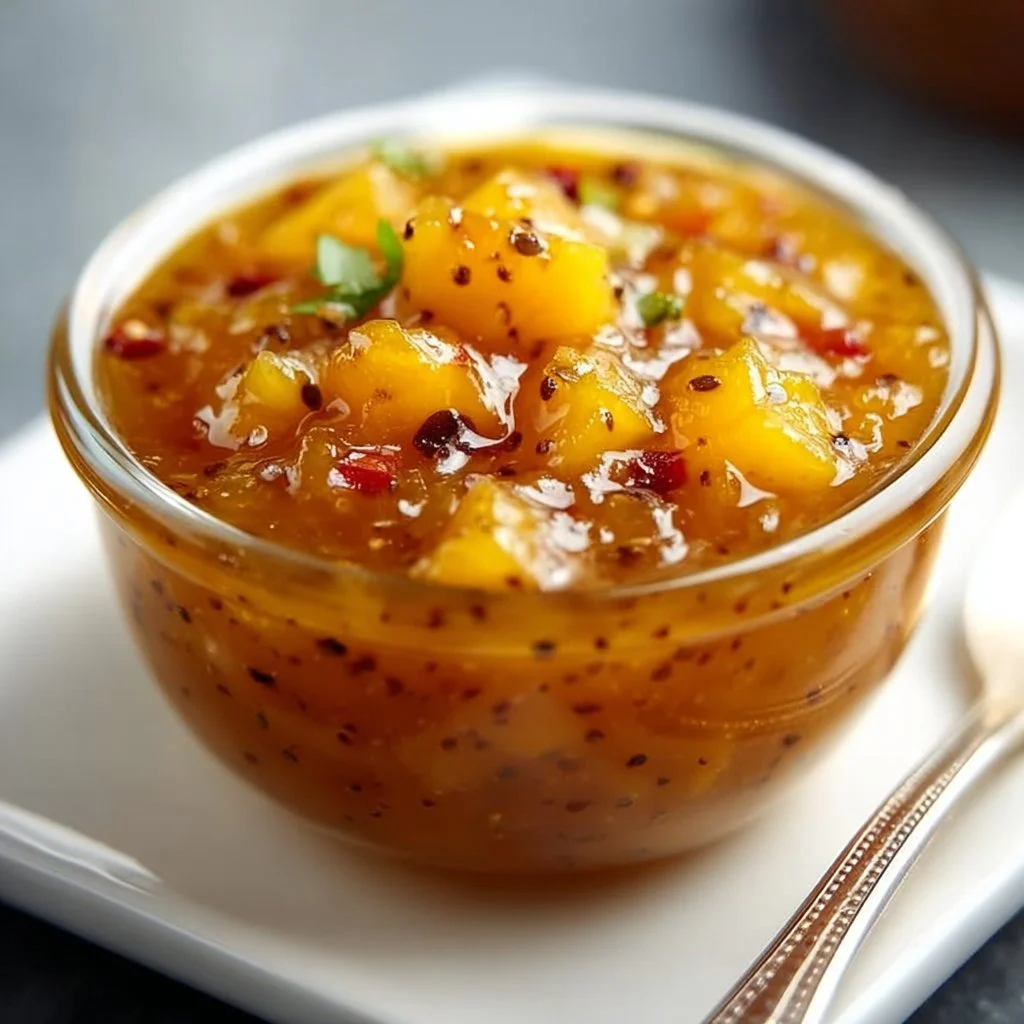 Bottle of Mango Habanero Honey Garlic Sauce with fresh mangoes and habaneros